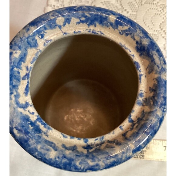 Sponge Ware Utensil Crock Vase Jar Decorated With Blue Design & Hearts 8" Tall - Picture 9 of 9